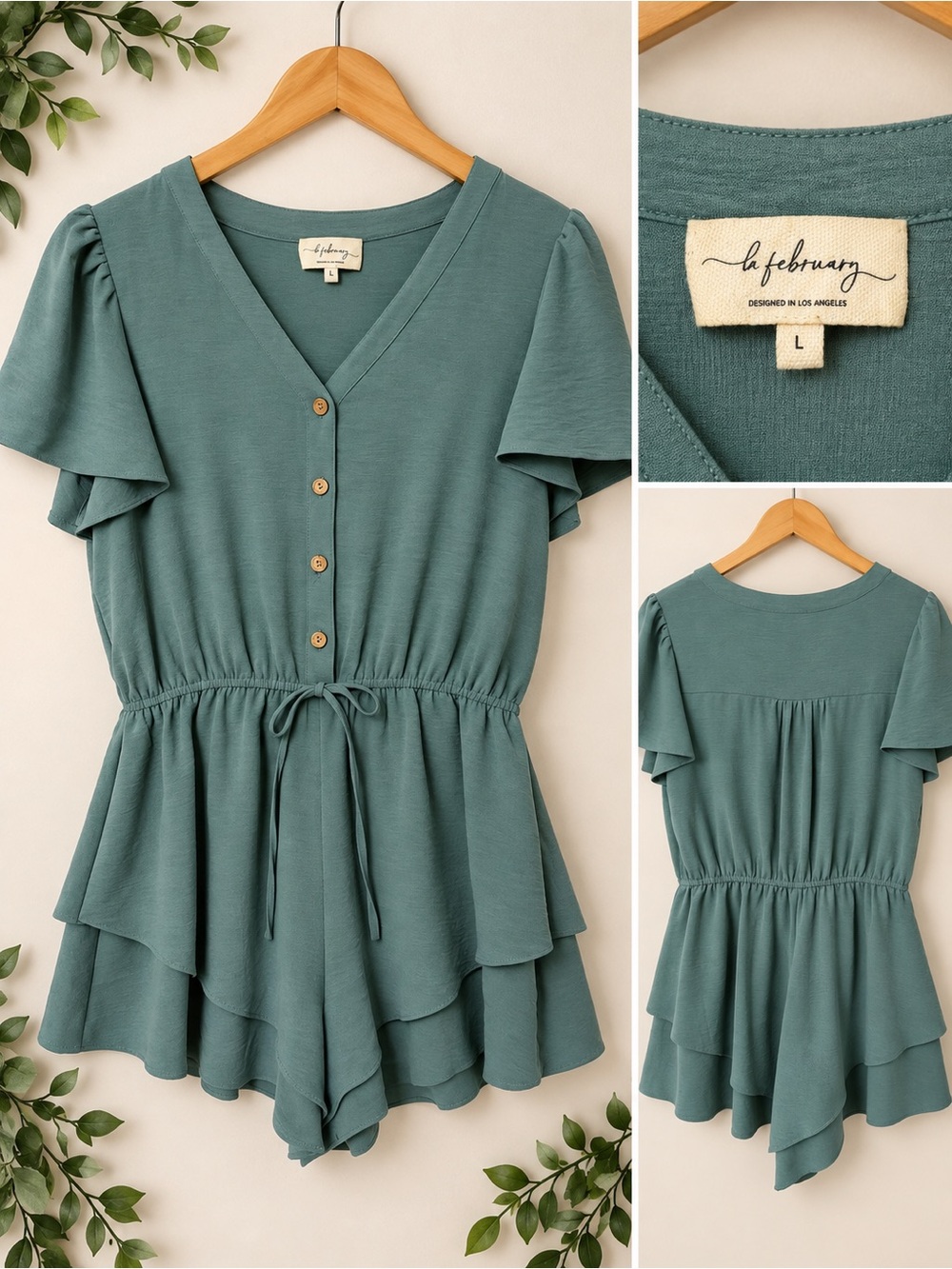 Button-Front Teal Short Sleeve Romper with Tie Waist